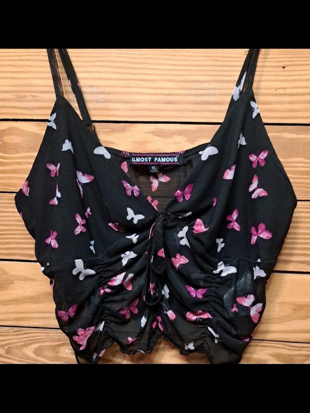Almost Famous Black Sheer Crop Top with Pink & White Butterfly Print Sz XL